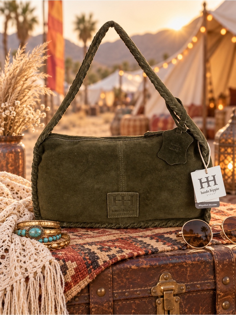 Haute Hippie Olive Green Braided Suede Shoulder Bag